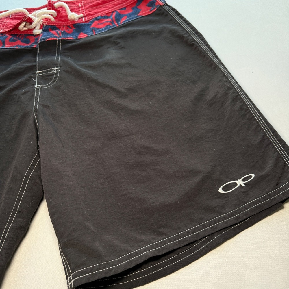 OP Ocean Pacific Board Shorts Mens 32 Black Red Nylon Hibiscus Surf Swim Trunks